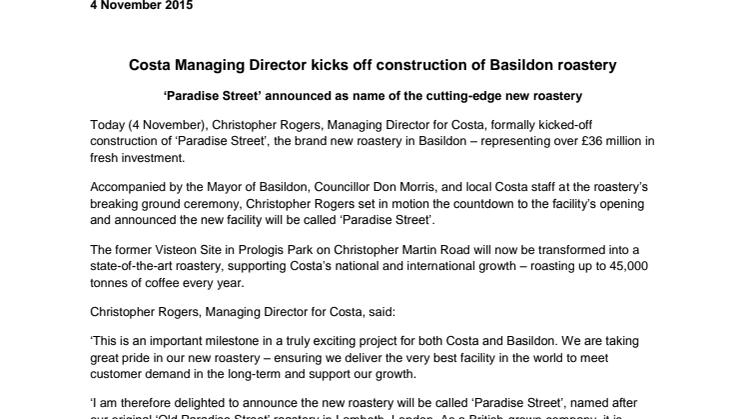 Costa Managing Director kicks off construction of Basildon roastery