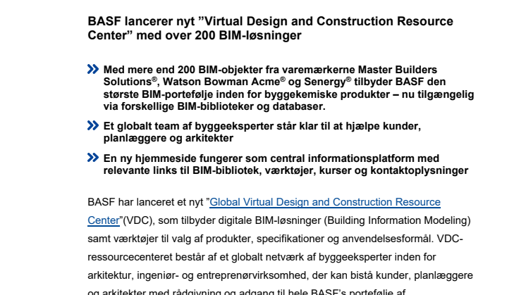 BASF lancerer nyt ”Virtual Design and Construction Resource Center” med over 200 BIM-løsninger 