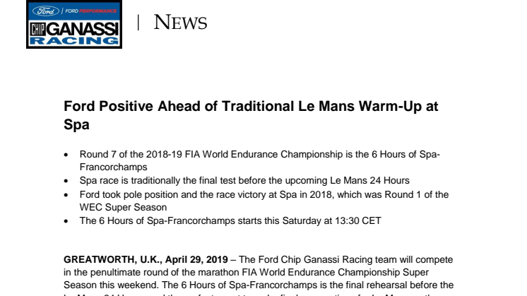 Ford Positive Ahead of Traditional Le Mans Warm-Up at Spa