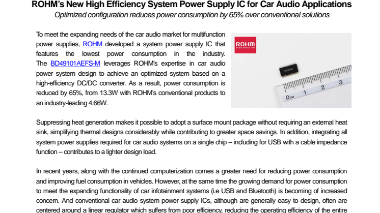 New High Efficiency System Power Supply IC for Car Audio Applications ----Optimized configuration reduces power consumption by 65% over conventional solutions