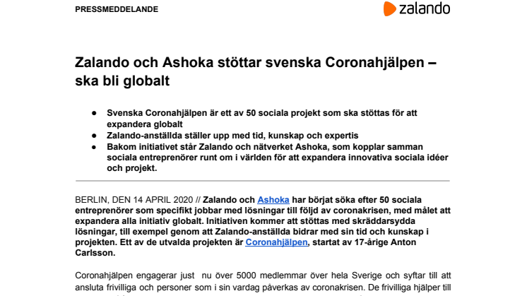 Zalando-anställda stöttar svenska Coronahjälpen – ska bli globalt 