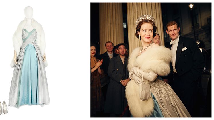 Claire Foy (as The Queen)_ Powder blue ballgown with pearl embellishment with fur stole and shoes
