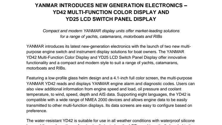 YANMAR Introduces New Generation Electronics – YD42 Multi-Function Color Display and  YD25 LCD Switch Panel Display
