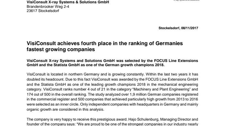 VisiConsult achieves fourth place in the ranking of Germanies fastest growing companies 