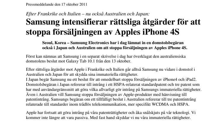 Samsung intensifierar rättsliga åtgärder för att stoppa försäljningen av Apples iPhone 4S
