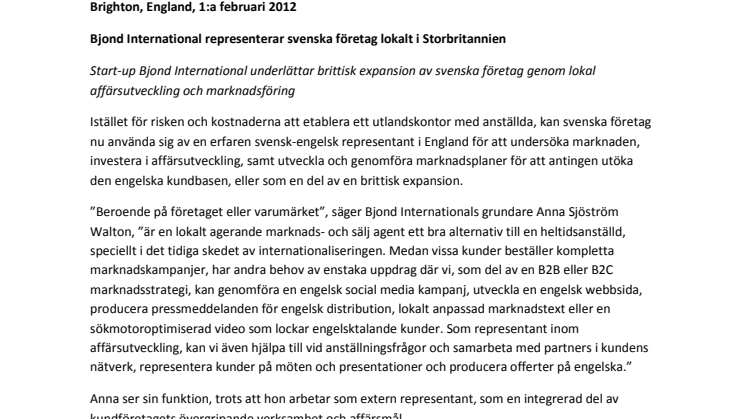 Bjond International representerar svenska företag lokalt i Storbritannien