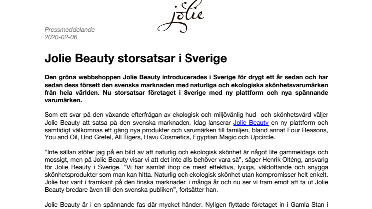 Jolie Beauty storsatsar i Sverige