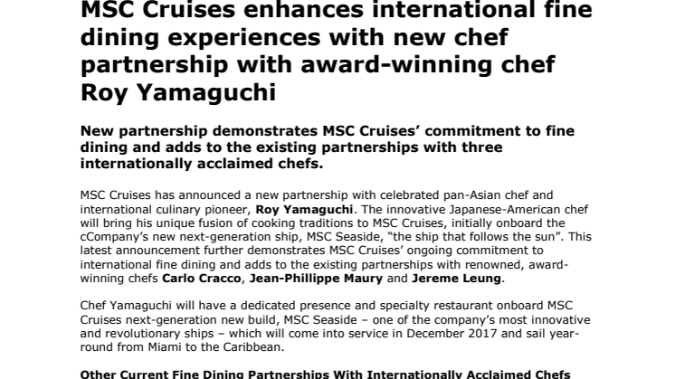 MSC Cruises enhances international fine dining experiences with new chef partnership with award-winning chef Roy Yamaguchi
