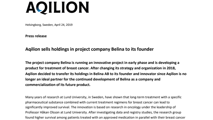 Aqilion sells holdings in project company Belina to its founder 