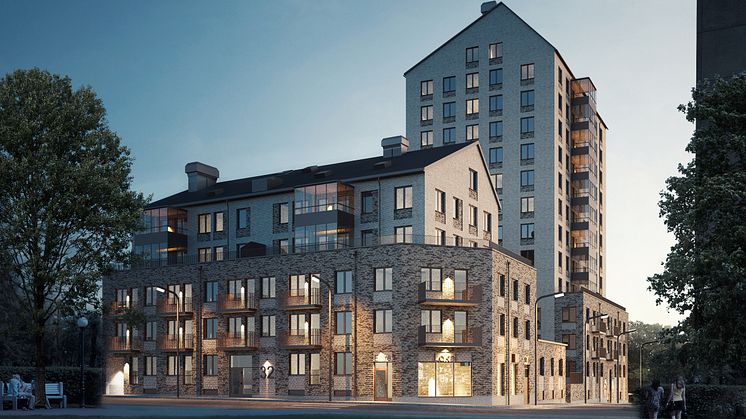 De 87 bostadsrätterna i HSB brf Guldläge byggs i korsningen Södra Järnvägsgatan och Repslagargränd.