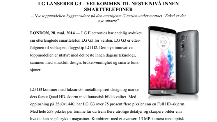 LG LANSERER G3 – VELKOMMEN TIL NESTE NIVÅ INNEN SMARTTELEFONER