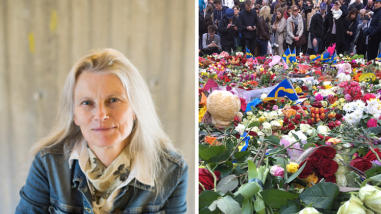 Maria Nilsson och kärleksmanifestationen på Sergels torg söndag 9 april 2017. Foto Niklas Björling respektive Maria Nilsson/Stockholms universitet.