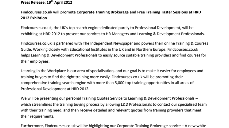 Findcourses.co.uk will promote Corporate Training Brokerage and Free Training Taster Sessions at HRD 2012 Exhibtion