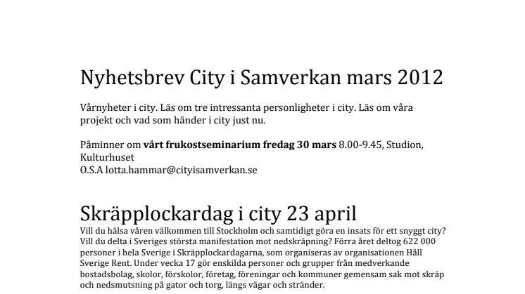 Nyhetsbrev City i Samverkan mars 2012