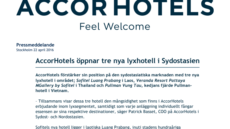 AccorHotels öppnar tre nya lyxhotell i Sydostasien