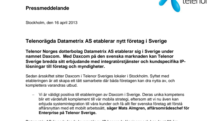 Telenorägda Datametrix AS etablerar nytt företag i Sverige