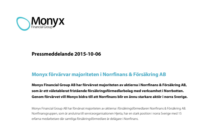 Monyx förvärvar majoriteten i Norrfinans & Försäkring AB