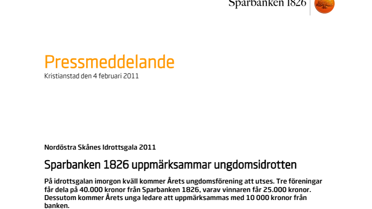 Nordöstra Skånes Idrottsgala 2011 - Sparbanken 1826 uppmärksammar ungdomsidrotten