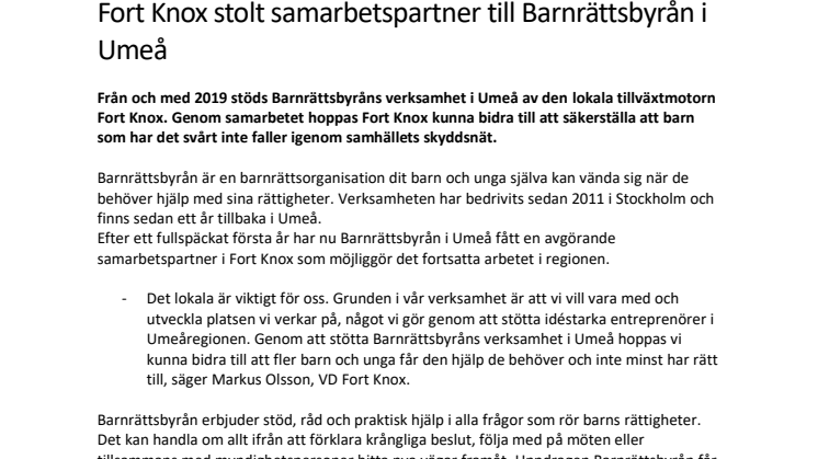  Fort Knox stolt samarbetspartner till Barnrättsbyrån i Umeå