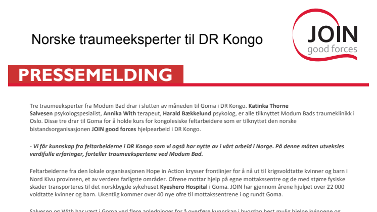 Norske traumeeksperter til DR Kongo