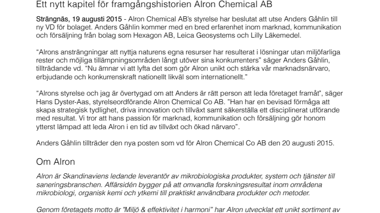 Ett nytt kapitel i framgångshistorien Alron Chemical