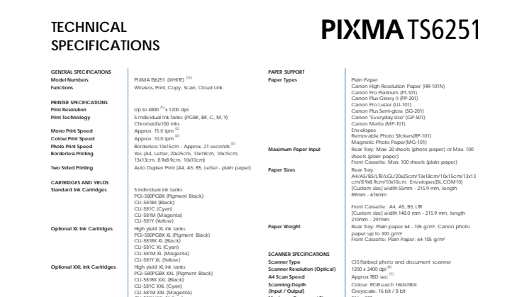  Pixma TS6251 Spec Sheet