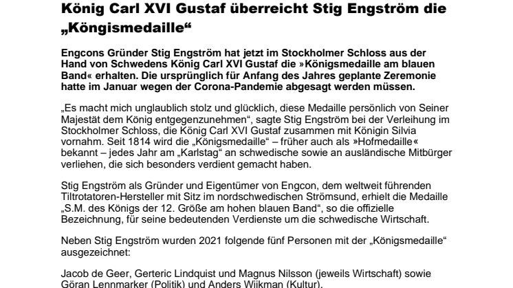 211027_Press_König Carl XVI Gustaf überreicht Stig Engström die „Köngismedaille"