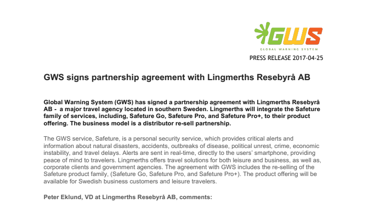 ​GWS signs partnership agreement with Lingmerths Resebyrå AB