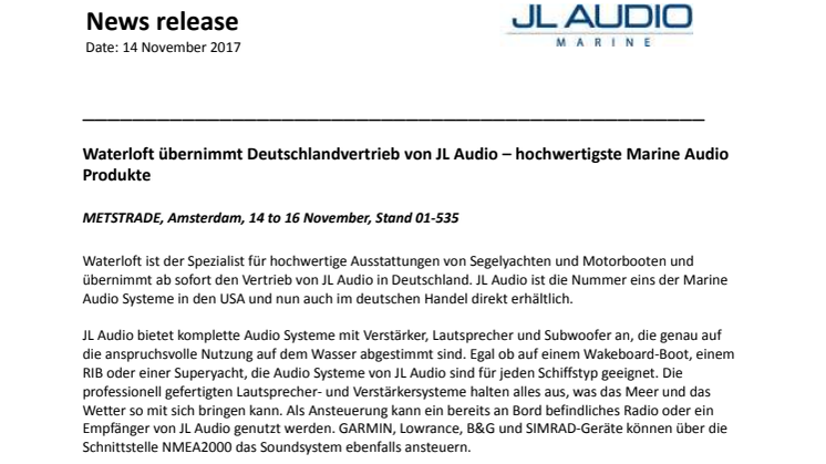 JL Audio Marine Europe - METSTRADE: ​Waterloft übernimmt Deutschlandvertrieb von JL Audio – hochwertigste Marine Audio Produkte