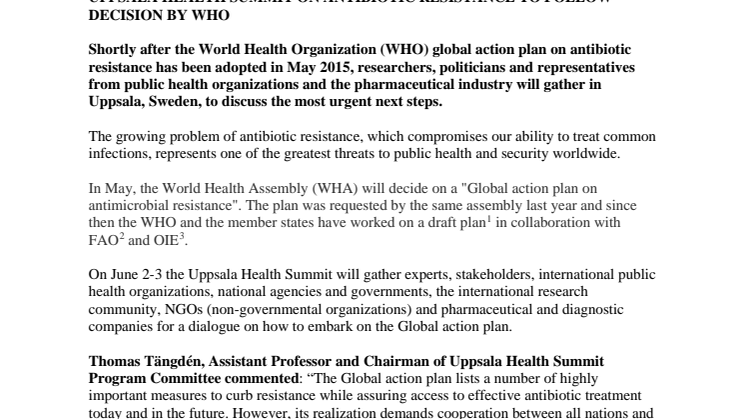 Uppsala Health Summit on Antibiotic Resistance to follow decision by WHO