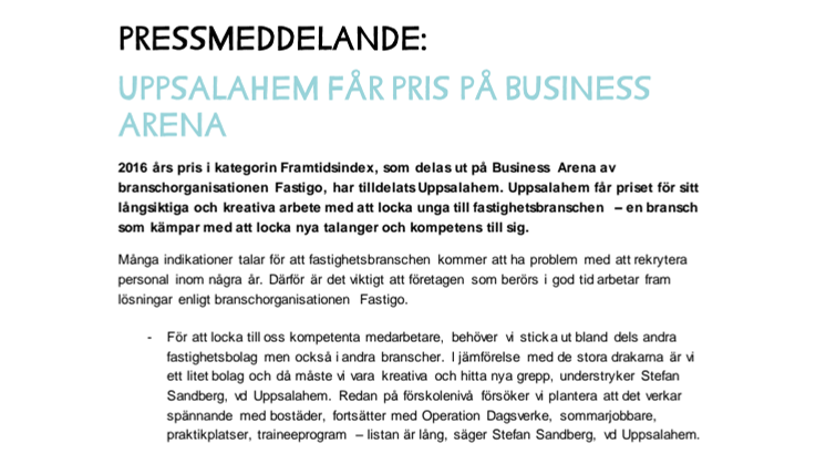 Uppsalahem får pris på Business Arena