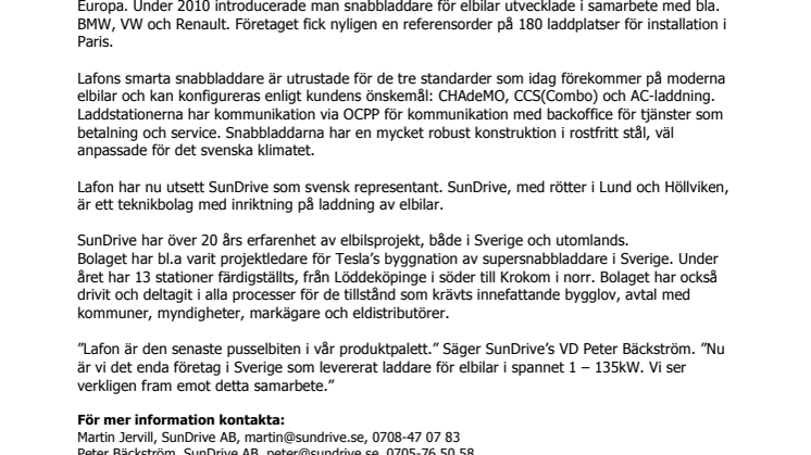Lafon utser SunDrive som svensk representant för deras smarta snabbladdare för elbilar.