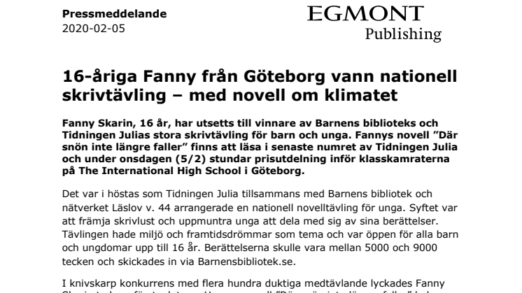 16-åriga Fanny från Göteborg vann nationell skrivtävling – med novell om klimatet