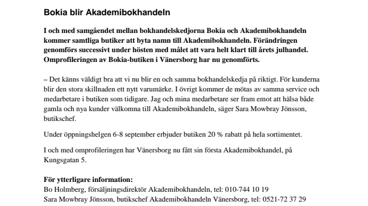 Bokia i Vänersborg blir Akademibokhandeln 