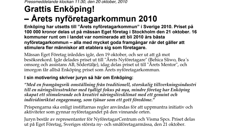 Grattis Enköping – Årets nyföretagarkommun 2010!