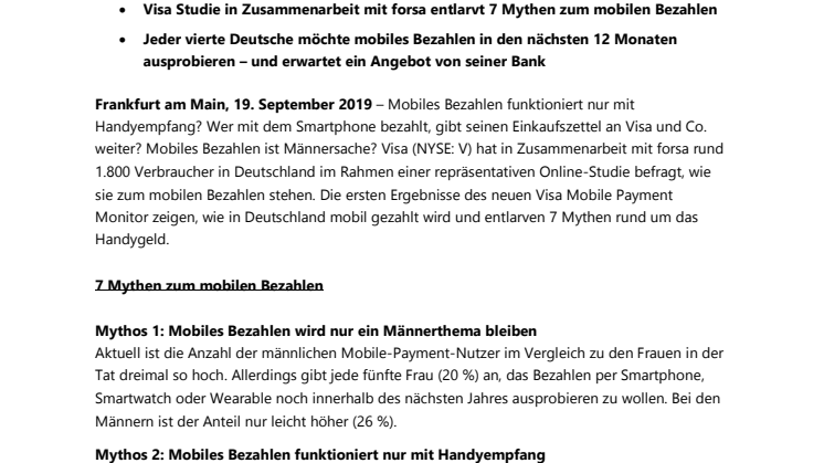 Visa Mobile Payment Monitor 2019: Wie die Deutschen mobil bezahlen und was sie darüber wissen