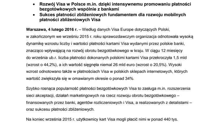 Wyniki roczne Visa: dynamiczny rozwój obrotu bezgotówkowego, w tym ponad 40% wzrost liczby płatności polskimi kartami