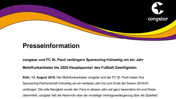 congstar und FC St. Pauli verlängern Sponsoring frühzeitig um ein Jahr
