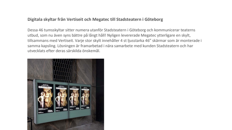 Digitala skyltar från Vertiseit och Megatec till Stadsteatern i Göteborg
