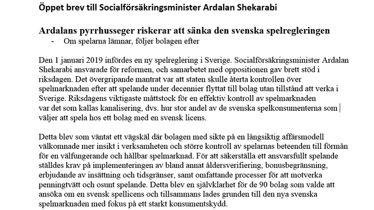 Öppet brev till Socialförsäkringsministern: Ardalans pyrrhusseger riskerar att sänka den svenska spelregleringen