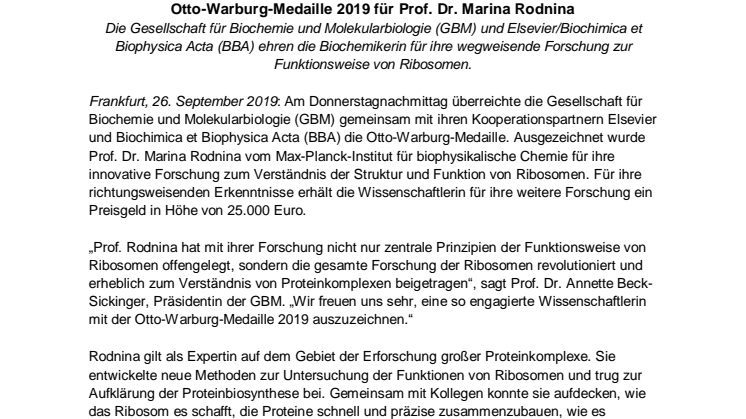 Otto-Warburg-Medaille 2019 für Prof. Dr. Marina Rodnina