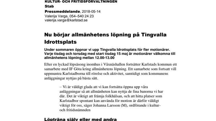 ​Nu börjar allmänhetens löpning på Tingvalla Idrottsplats
