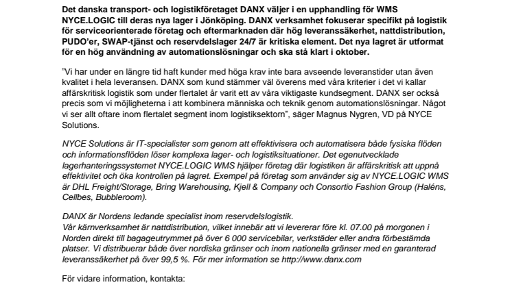 DANX väljer NYCE.LOGIC WMS för nordiskt centrallager i Jönköping