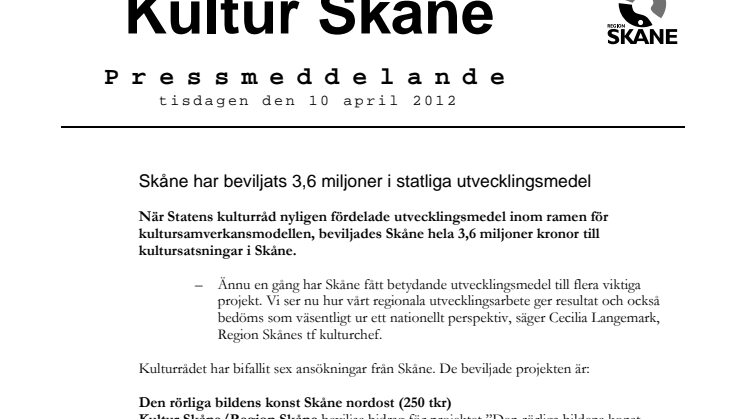 Skåne har beviljats 3,6 miljoner i statliga utvecklingsmedel
