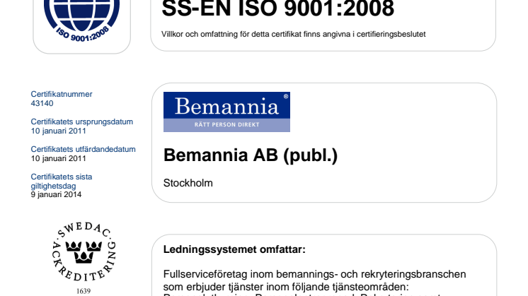 Certifikat ISO 9001:2008 Bemannia AB