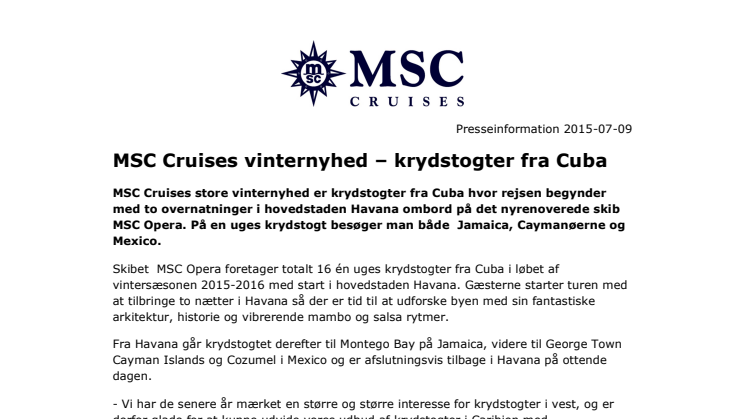MSC Cruises vinternyhed – krydstogter fra Cuba