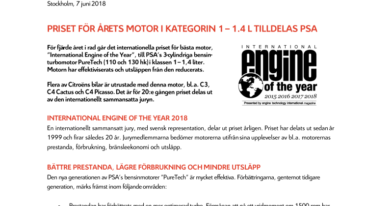 PRISET FÖR ÅRETS MOTOR I KATEGORIN 1 – 1.4 L TILLDELAS PSA