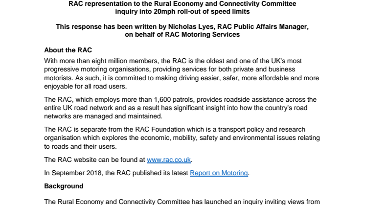 RAC submission to Scottish Rural Economy and Connectivity Committee  inquiry into 20mph roll-out of speed limits