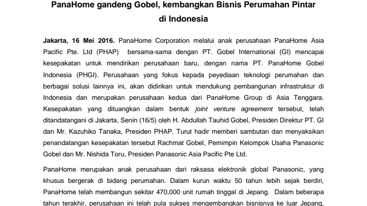 Press Release: PanaHome gandeng Gobel, kembangkan Bisnis Perumahan Pintar di Indonesia