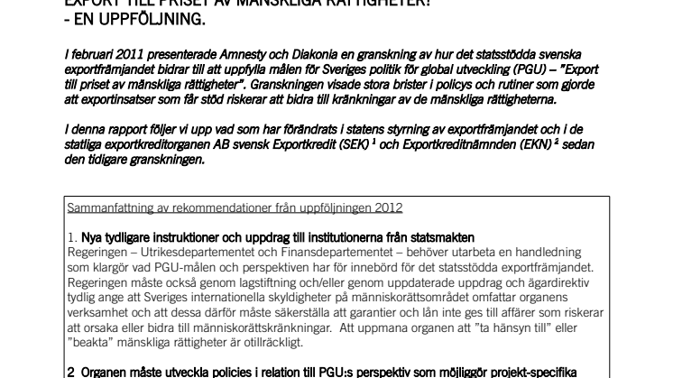 Uppföljningsrapport på Svenska exportorgans arbete med mänskliga rättigheter